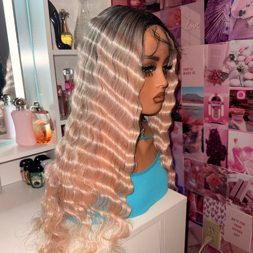 Dark Root Rose Gold Deep Wave Lace Wig with Baby Hairs